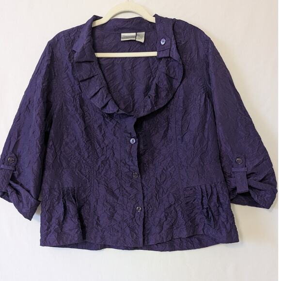 Chico's Size 3 Purple Crinkle Peplum Shirt Jacket Artsy Wimsygoth Crop Womens XL - Picture 1 of 7